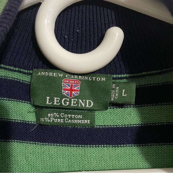 Andrew Carrington Mens Large Cotton Cashmere Sweater 1/4 Zip Pullover Green Blue - Picture 2 of 3